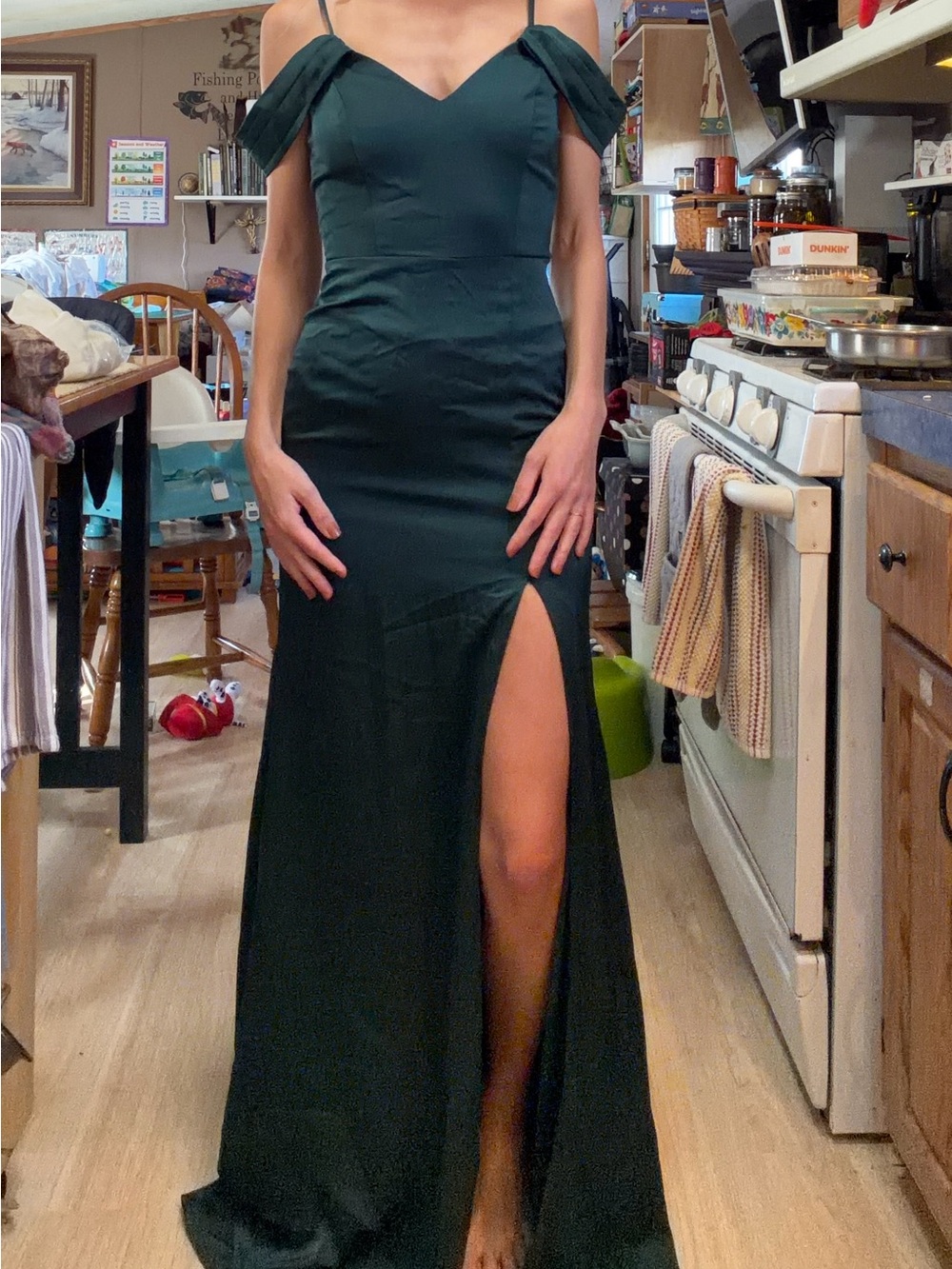 Lulu's Dark Green Off-Shoulder Dress with Thigh Slit